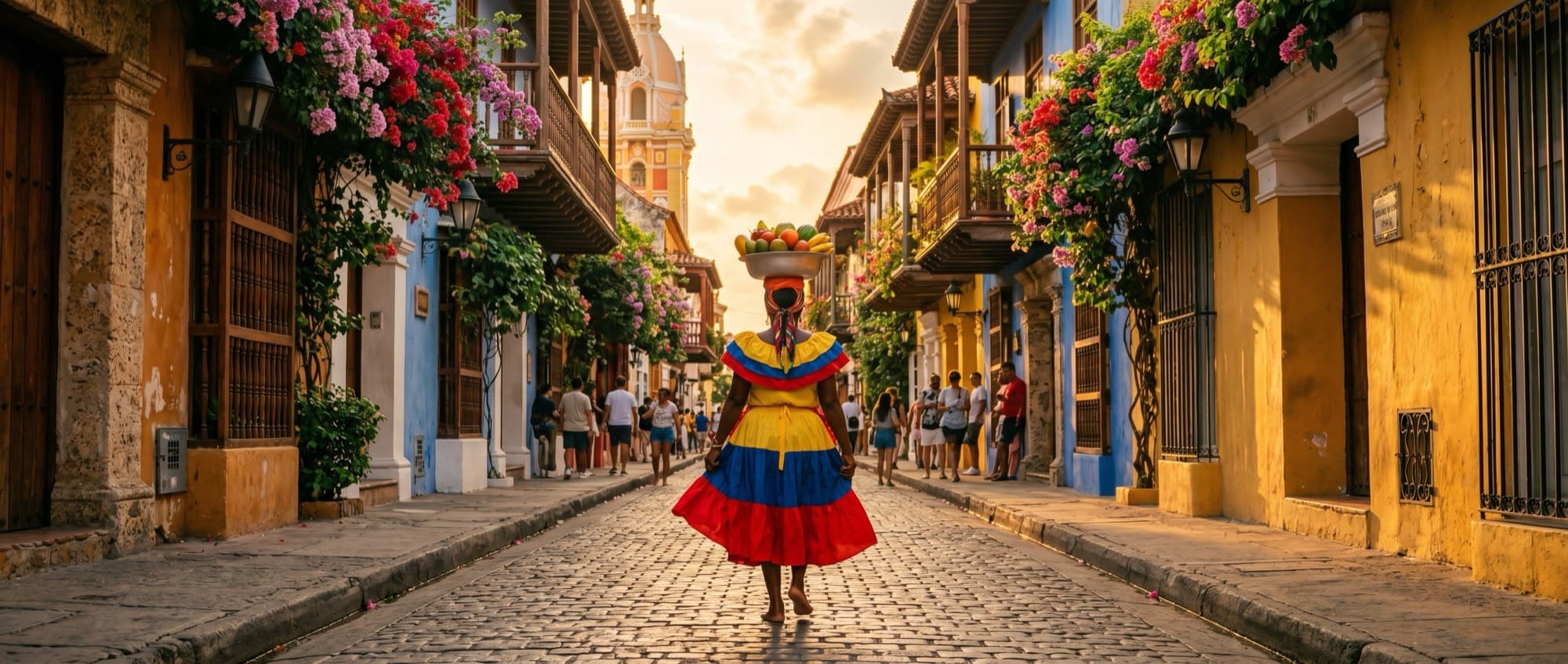 Golden hour on a colonial street in Cartagena